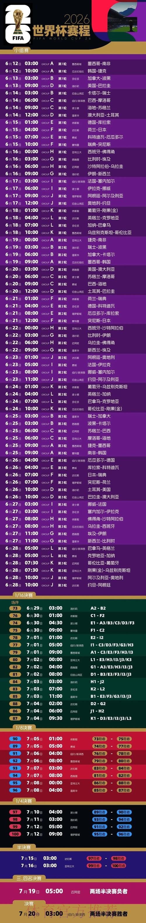 2026世界杯每日赛程一览完整安排在哪里看 2026世界杯每日赛程一览完整安排在哪里看