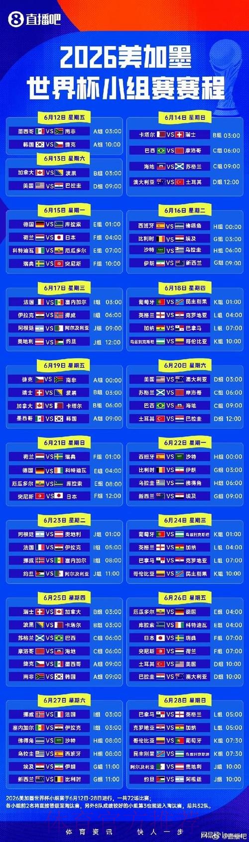 2026世界杯小组赛赛程一览实时赛程在哪里看